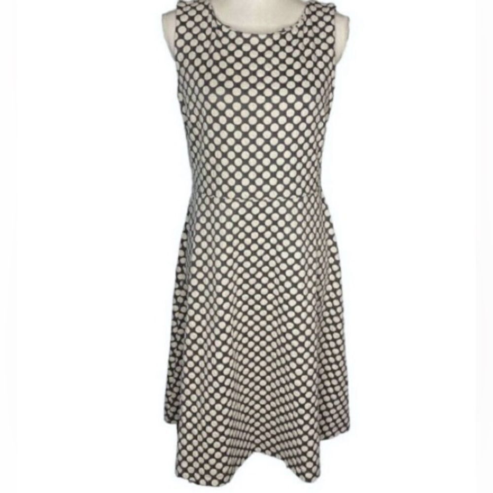 Talbots Wm’s Sz Med Grey Blue Ivory Polka Dots Sleeveless Midi Aline Dress